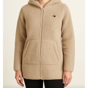 Tommy Hilfiger Women’s Large Sherpa Fleece Hoodie Beige Zip Up Jacket